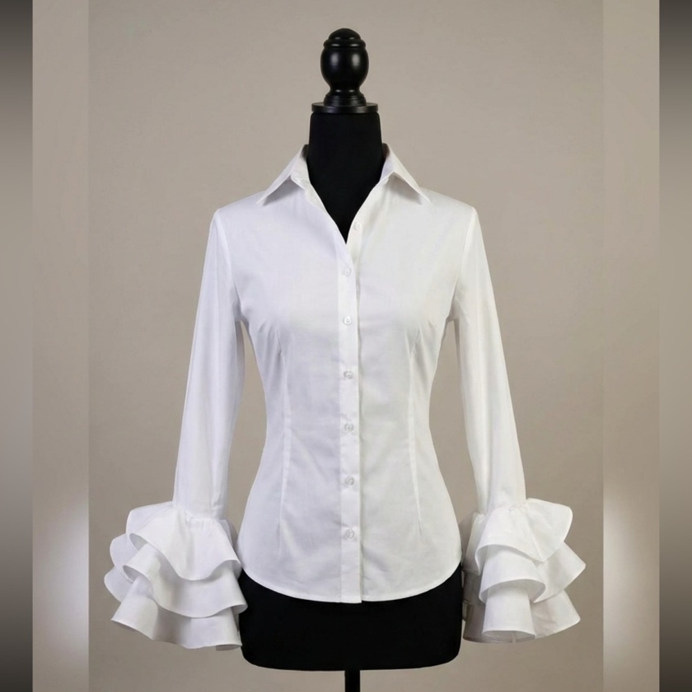 Plus Size White Statement Ruffle Cuff Button Blouse Bow Sleeves - Picture 7 of 8